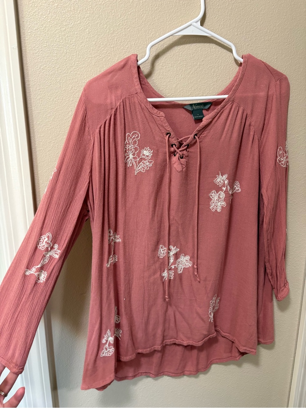 Natural Reflections Mauve Lace-Up Tunic with White Embroidery